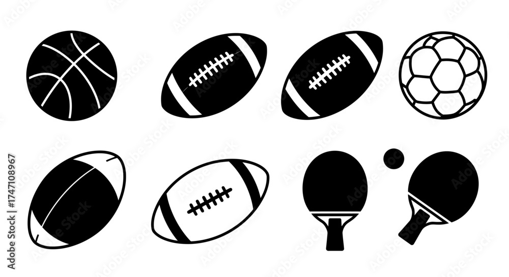 Fototapeta premium Collection of hand-drawn sport balls and equipment icons showing basketball soccer football tennis table tennis and golf ball and racquet vector