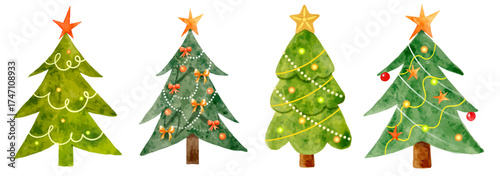 Watercolor vector set of Christmas trees with stars, garlands, and decorations. Festive hand-painted holiday illustration in green and gold tones.