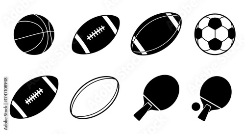 Collection of diverse sports balls and equipment featuring basketball football soccer tennis and rugby icons set vector