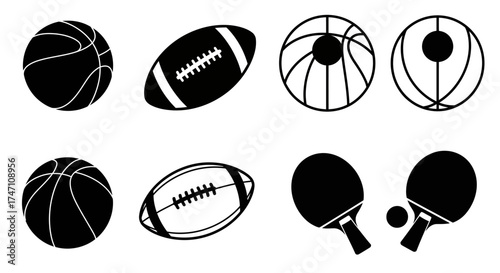 Collection of iconic sports balls and equipment featuring basketball football table tennis bats and paddles simple icon set vector