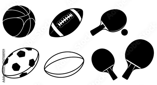 Collection of diverse sports balls and equipment including basketball football soccer rugby ping pong paddles and balls isolated on white vector