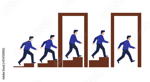 Businessmen ascend stairs through doorways representing career growth opportunity and advancement in corporate ladder success vector