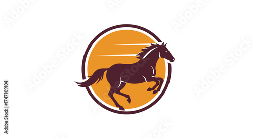 Majestic galloping horse silhouette emblem set against a vibrant sunburst circle dynamic silhouette of a powerful equine vector