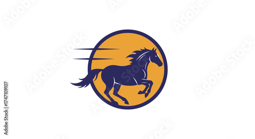 Majestic galloping horse silhouette in motion speeding through a vibrant orange circle emblem symbol graphic vector
