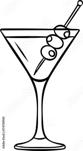 Hand-drawn black and white icon of an elegant margarita cocktail with olives, sketch style illustration of a classic martini drink. Simple doodle for bar menu and luxury themes