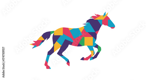 Vibrant multicolor geometric horse silhouette galloping dynamic motion abstract animal art on white vector