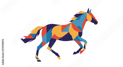 Vibrant geometric horse galloping majestic creature abstract polygonal style art dynamic equine movement expressive color palette vector