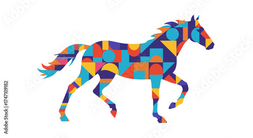 Colorful abstract geometric horse silhouette running wild against white vibrant modern animal art vector