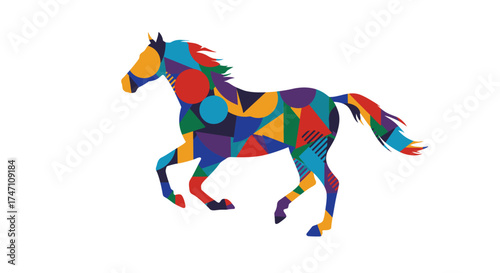 Vibrant abstract horse artwork dynamic galloping equine design with bold colorful geometric shapes and fluid motion vector