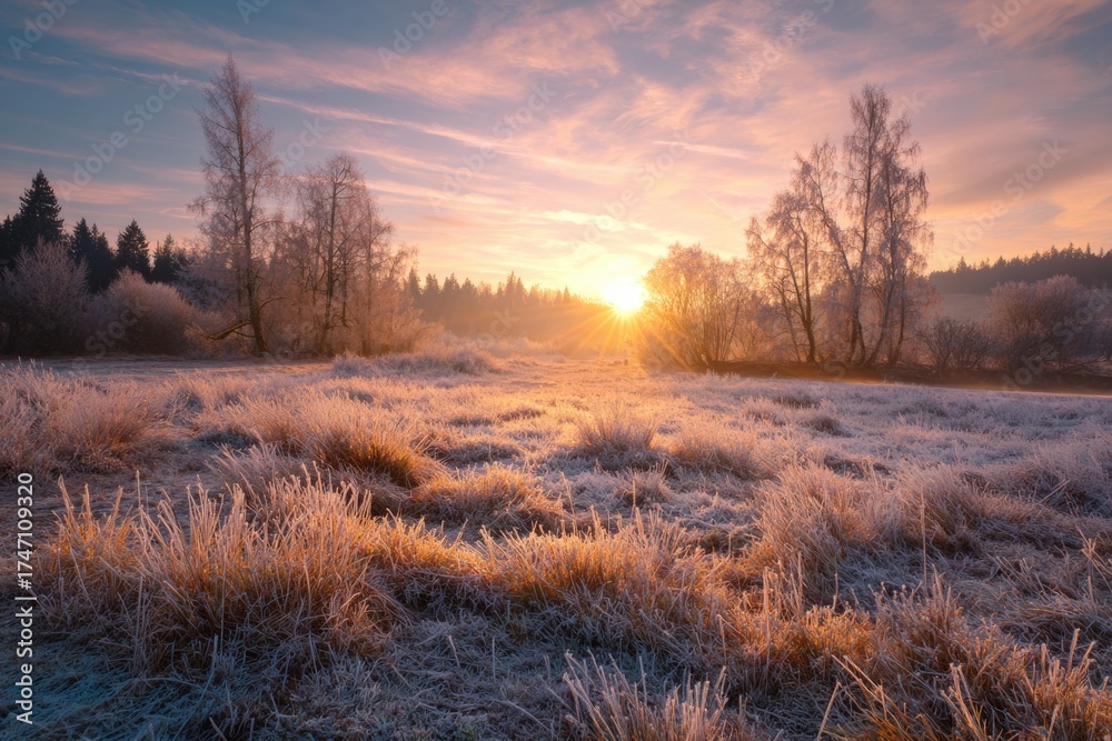 Obraz premium Morning light breaks over a frosty meadow, highlighting icy grass and trees. The sky glows with warm colors as day begins in a peaceful natural setting