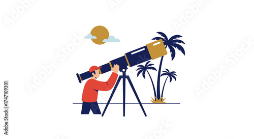 Astronomy enthusiast gazes through a telescope at stars on a tropical island with palm trees and a bright sun vector
