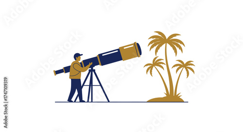 Person gazing through large telescope observing tropical palm trees on sandy island destination concept vector
