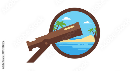 Vintage telescope gazing at a tropical beach paradise with palm trees and ocean views vector