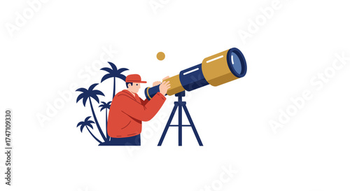Man in red vest with telescope and palm trees observing the cosmos for discovery and exploration vector