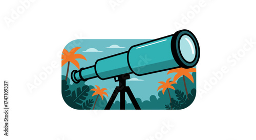 Teal telescope on tripod observing lush green forest landscape with orange flowers under a cloudy sky scene vector