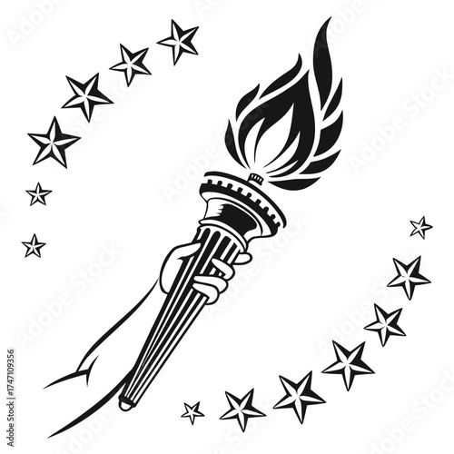 Black torch of freedom held by hand with stars liberty
