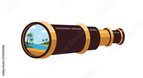 Vintage spyglass telescope with tropical beach landscape reflection for exploration and discovery vector