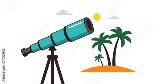 Telescope discovering tropical island paradise palm trees sun clouds celestial observation adventure and exploration concept vector