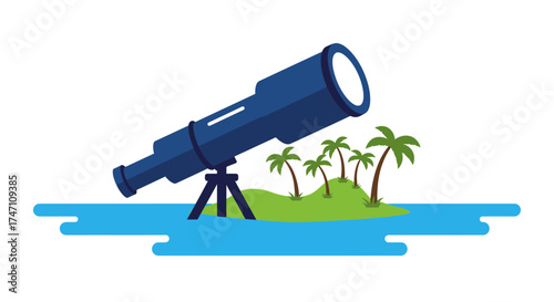 Telescope observes tropical island paradise under clear blue sky symbolizing exploration discovery and vacation dreams vector