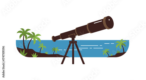 Telescope on tripod observing tropical island paradise and ocean horizon during daytime discovery and exploration vector
