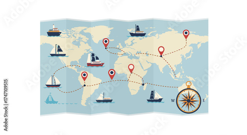 Nautical exploration world map with vintage ships location markers compass rose and ocean seas chart global navigation adventure vector