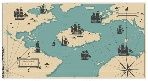 Vintage nautical map depicting ocean islands sailing ships compass rose and cartographic details for adventure and discovery vector