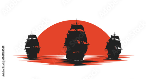 Three figures in burqas stand before a large red sun symbolizing cultural heritage and tradition in a striking composition vector