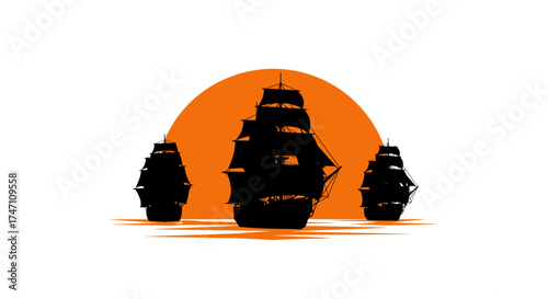 Silhouette of three tall ships sailing on the ocean during a vibrant sunset with a dramatic orange sky vector