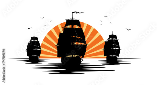Silhouettes of three pirate ships sailing on the ocean towards a dramatic sunburst sky at dusk vector