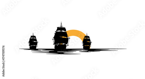 Three silhouette sailboats with setting sun over water expressing tranquil journey and nautical adventure concept vector