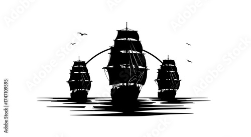 Three silhouette tall ships sailing together nautical maritime adventure vintage nautical exploration ocean voyage vector