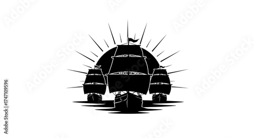 Silhouette of three tall sailing ships approaching a bright setting sun or full moon in dramatic nautical scene vector