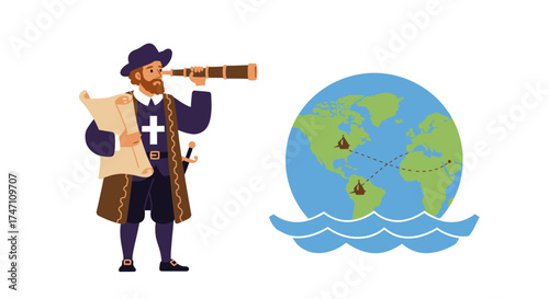 Explorer with spyglass and map gazes at stylized globe with oceans symbolizing discovery and global exploration concept vector