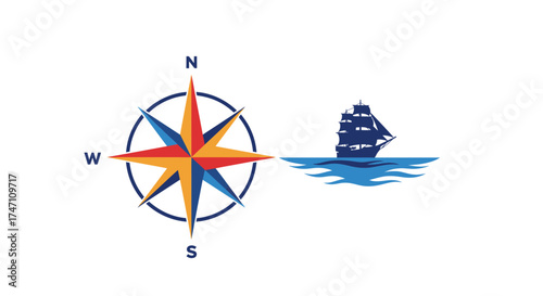 Nautical compass rose and sailing ship silhouette symbolizing navigation direction maritime adventure ocean exploration voyage vector