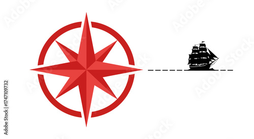 Red compass rose symbol guiding a silhouette sailing ship across open waters representing navigation adventure discovery vector