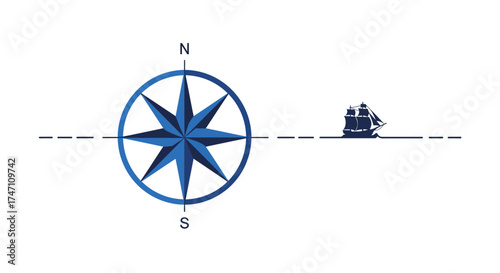Nautical compass rose and sailing ship silhouette reflecting maritime exploration adventure and navigation on the open sea vector