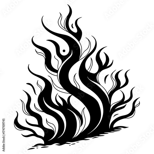 Black abstract flame with dual curves on white fire