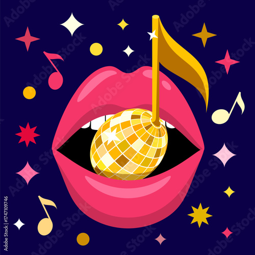 Vector illustration of disco musical note in women lips. Design for party, poster, nightlife music event, club concept
