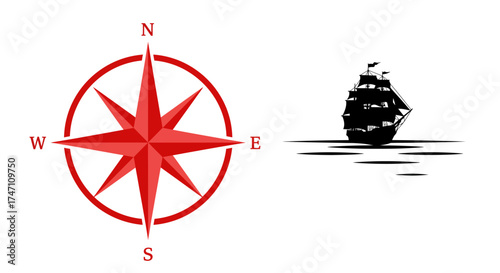 Classic nautical compass rose with old sailing ship silhouette illustrating directional navigation and maritime adventure vector