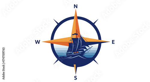 Vintage compass rose with nautical ship silhouette over blue ocean waves and orange sunrise sky vector