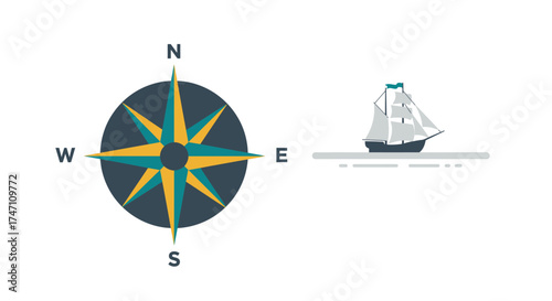 Nautical journey guidance compass rose and sailing ship silhouette on horizon for exploration and navigation themes vector