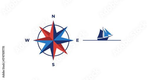Nautical compass rose with sailboat navigation symbol of adventure and exploration on white vector