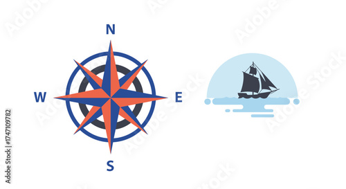 Detailed nautical compass rose and silhouette of a sailing ship on calm water indicating direction and travel vector