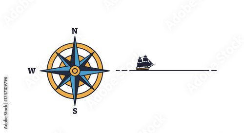 Vintage compass rose with sailing ship illustration for navigation exploration and nautical adventure themes vector