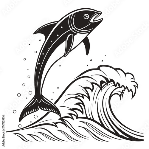 Black fish leaping out of stylized ocean waves jumping