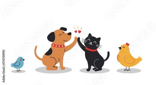 Adorable cartoon dog cat bird and chicken friends giving high fives celebrating friendship and harmony in a cute playful scene vector