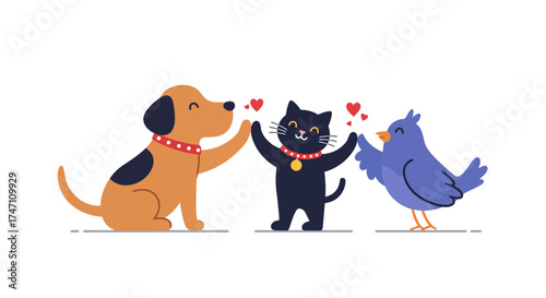 Joyful dog cat and bird celebrating together with festive party flags highlighting friendship and unity vector