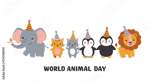 Cute cartoon animals celebrating world animal day wearing party hats adorable characters holding hands joyful wildlife event celebration vector