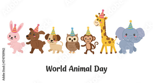 Whimsical cartoon animals celebrating world animal day with party hats and joyful expressions on white vector