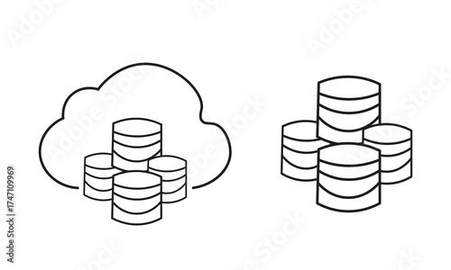 Black and white minimalist cloud database icon set with data storage stacks and server symbols in modern line art style